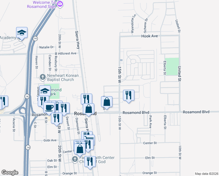 map of restaurants, bars, coffee shops, grocery stores, and more near 1564 Monte Vista Avenue in Rosamond