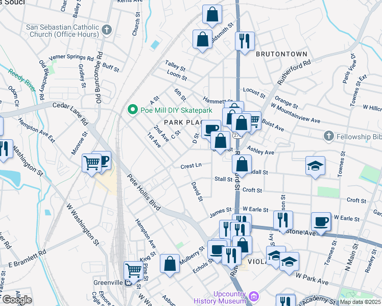 map of restaurants, bars, coffee shops, grocery stores, and more near 301 Shaw Street in Greenville