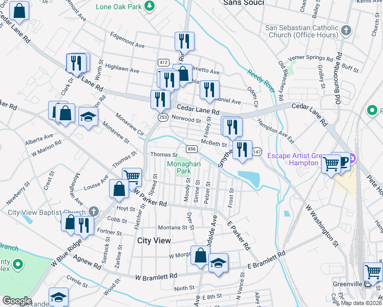 map of restaurants, bars, coffee shops, grocery stores, and more near 10 Mill Park Court in Greenville