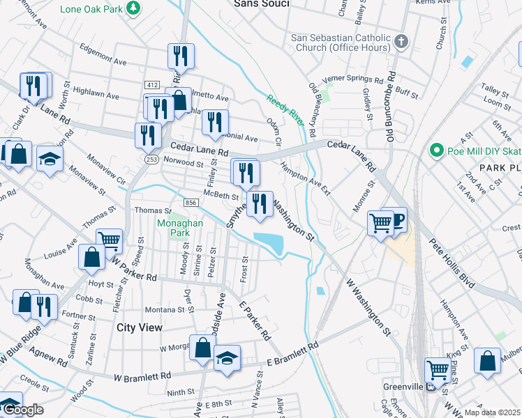 map of restaurants, bars, coffee shops, grocery stores, and more near 201 Smythe Street in Greenville