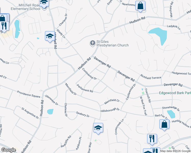map of restaurants, bars, coffee shops, grocery stores, and more near 111 Continental Drive in Greenville