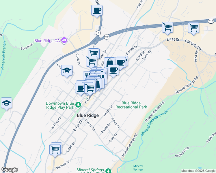 map of restaurants, bars, coffee shops, grocery stores, and more near 71 Messer Loop in Blue Ridge