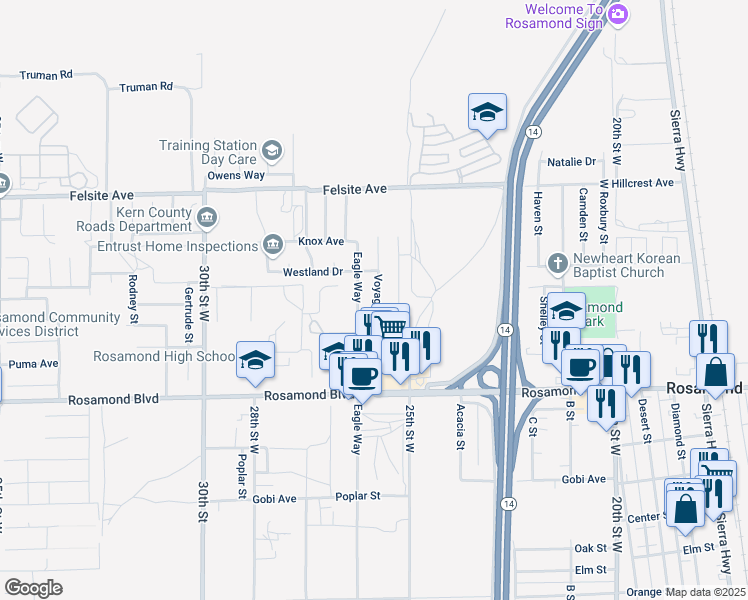 map of restaurants, bars, coffee shops, grocery stores, and more near 3253 Voyager Street in Rosamond