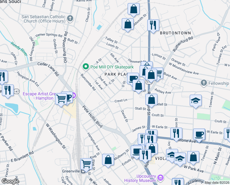 map of restaurants, bars, coffee shops, grocery stores, and more near 301 Shaw Street in Greenville