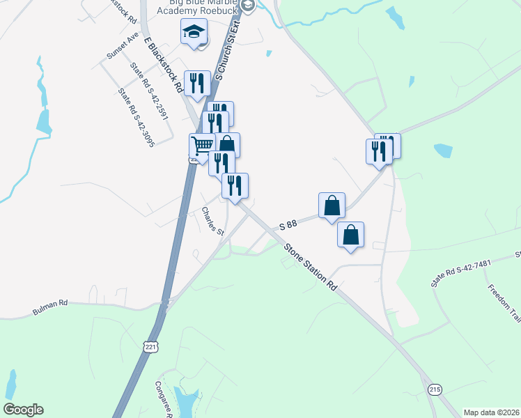 map of restaurants, bars, coffee shops, grocery stores, and more near 2699 Stone Station Road in Roebuck