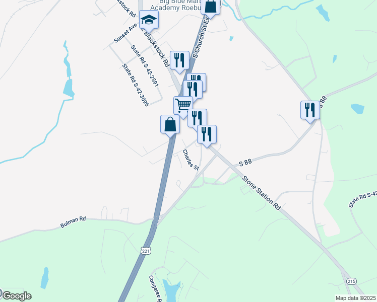 map of restaurants, bars, coffee shops, grocery stores, and more near 60 Happy Lane in Roebuck