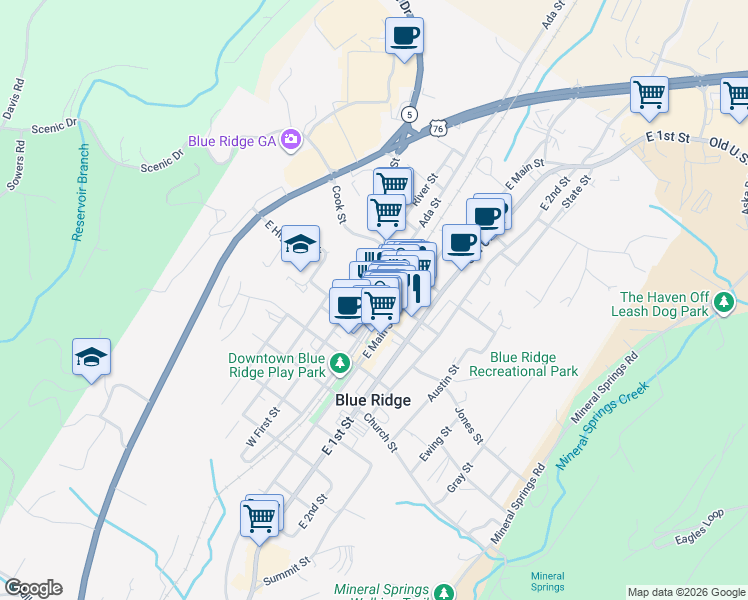 map of restaurants, bars, coffee shops, grocery stores, and more near 116 West Main Street in Blue Ridge
