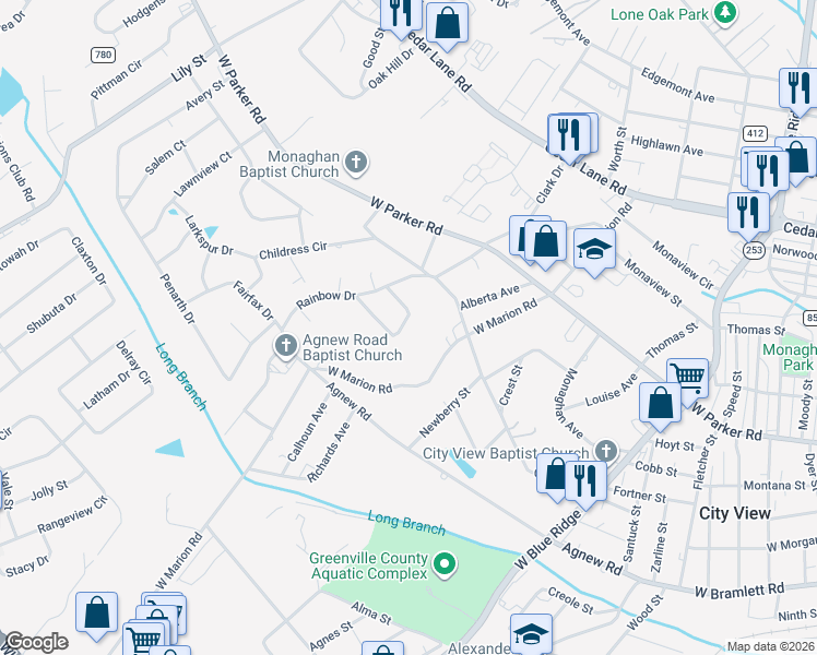 map of restaurants, bars, coffee shops, grocery stores, and more near 13 Bayne Drive in Greenville