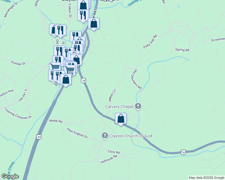 map of restaurants, bars, coffee shops, grocery stores, and more near 243 Old Screamer Street in Clayton