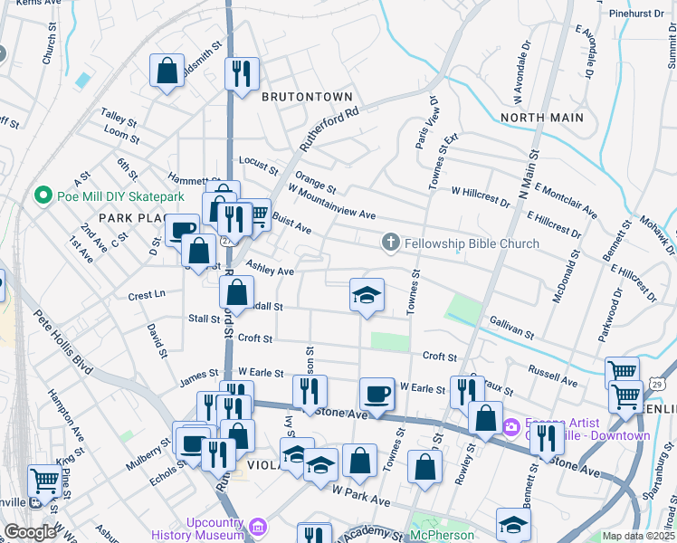 map of restaurants, bars, coffee shops, grocery stores, and more near 12117 Ashley Avenue in Greenville