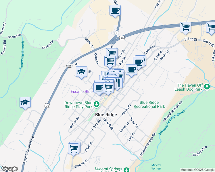 map of restaurants, bars, coffee shops, grocery stores, and more near 116 West Main Street in Blue Ridge