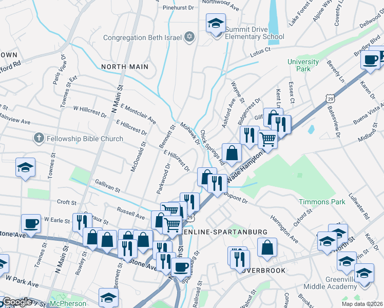 map of restaurants, bars, coffee shops, grocery stores, and more near 10 Hillcrest Circle in Greenville