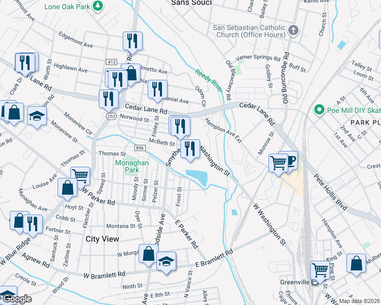 map of restaurants, bars, coffee shops, grocery stores, and more near 201 Smythe Street in Greenville