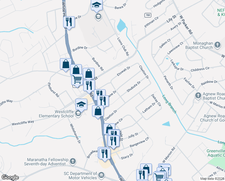 map of restaurants, bars, coffee shops, grocery stores, and more near 27 Cherrylane Drive in Greenville