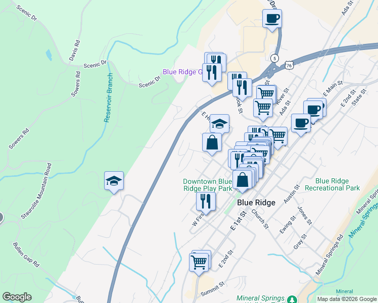 map of restaurants, bars, coffee shops, grocery stores, and more near 18 Depot Street in Blue Ridge