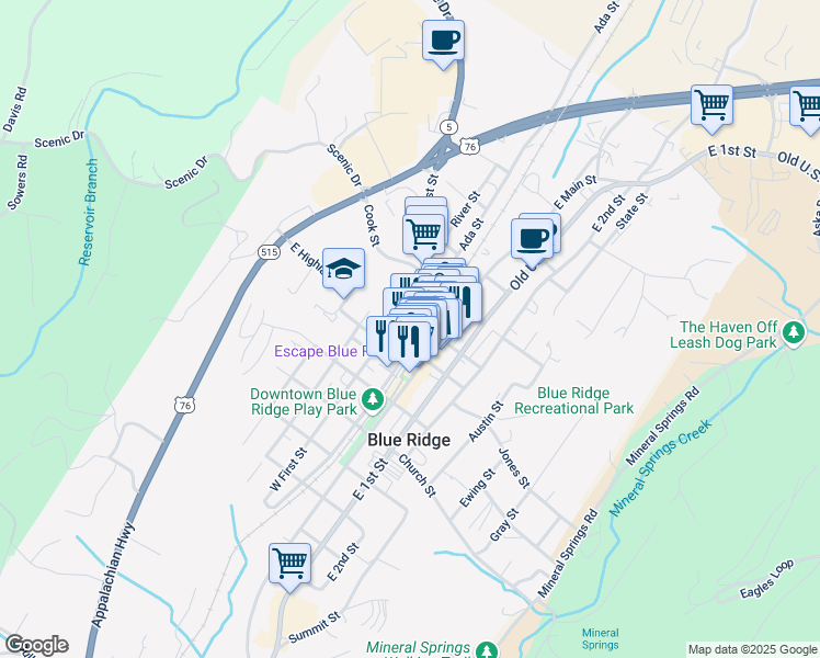 map of restaurants, bars, coffee shops, grocery stores, and more near 116 West Main Street in Blue Ridge