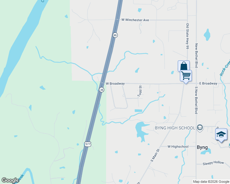 map of restaurants, bars, coffee shops, grocery stores, and more near 133 South Oakwood Road in Byng