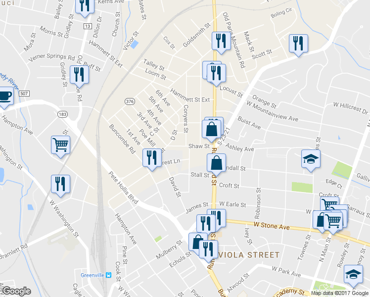 map of restaurants, bars, coffee shops, grocery stores, and more near 26 Shaw Street in Greenville