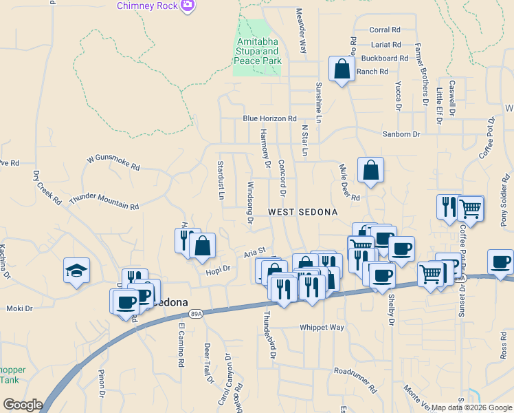 map of restaurants, bars, coffee shops, grocery stores, and more near 170 Windsong Drive in Sedona