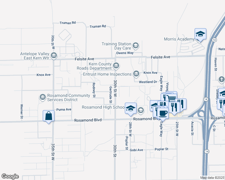 map of restaurants, bars, coffee shops, grocery stores, and more near 3218 Gertrude Street in Rosamond
