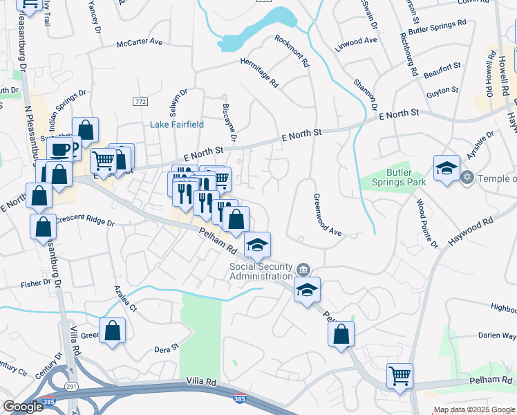 map of restaurants, bars, coffee shops, grocery stores, and more near 125 Pelham Springs Place in Greenville
