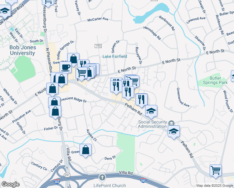 map of restaurants, bars, coffee shops, grocery stores, and more near 115 Pelham Road in Greenville