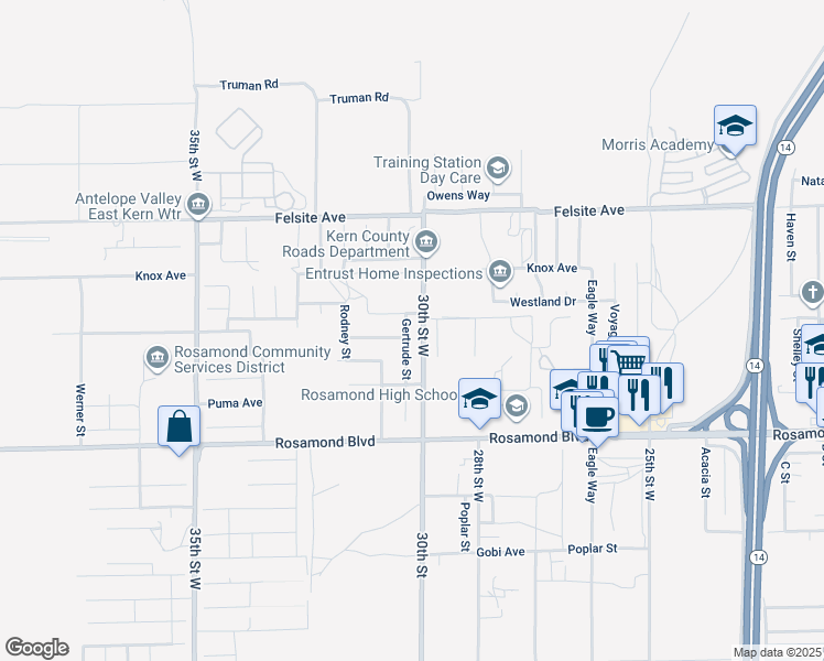 map of restaurants, bars, coffee shops, grocery stores, and more near 3218 Gertrude Street in Rosamond