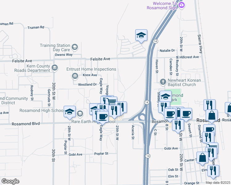 map of restaurants, bars, coffee shops, grocery stores, and more near 3252 Discovery Way in Rosamond