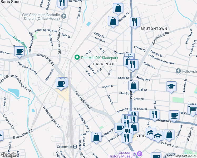 map of restaurants, bars, coffee shops, grocery stores, and more near 36 2nd Avenue in Greenville