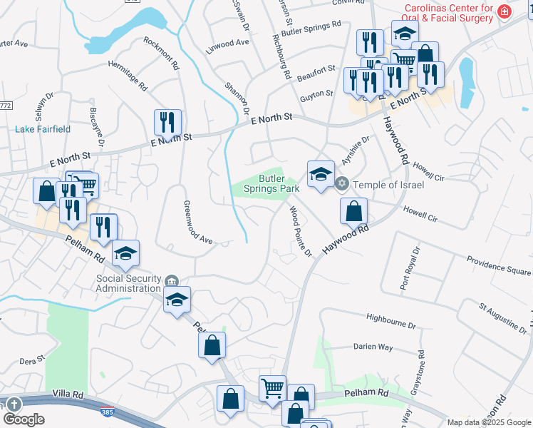 map of restaurants, bars, coffee shops, grocery stores, and more near 7 Kittery Drive in Greenville