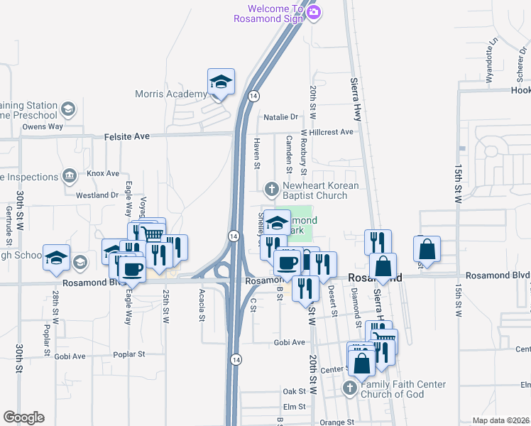 map of restaurants, bars, coffee shops, grocery stores, and more near 3236 Shelley Street in Rosamond