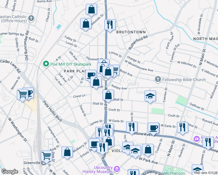 map of restaurants, bars, coffee shops, grocery stores, and more near 24 Rutherford Road in Greenville
