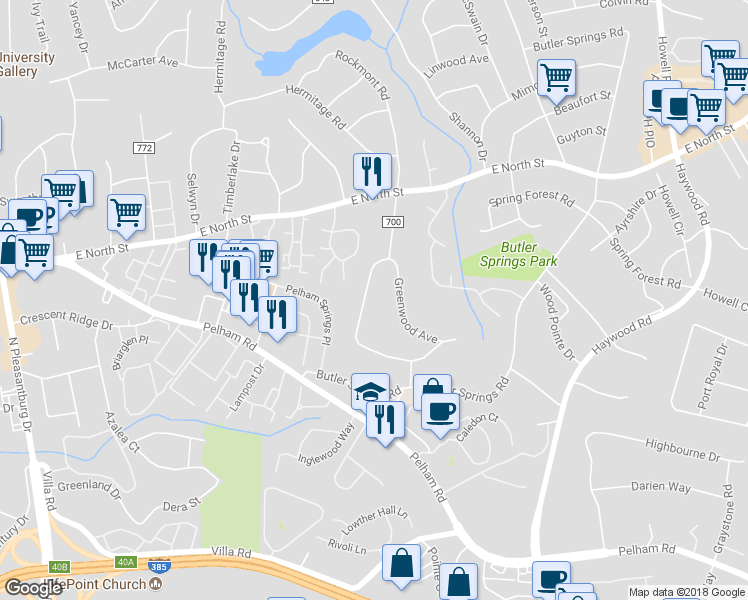 map of restaurants, bars, coffee shops, grocery stores, and more near 515 Rockmont Road in Greenville