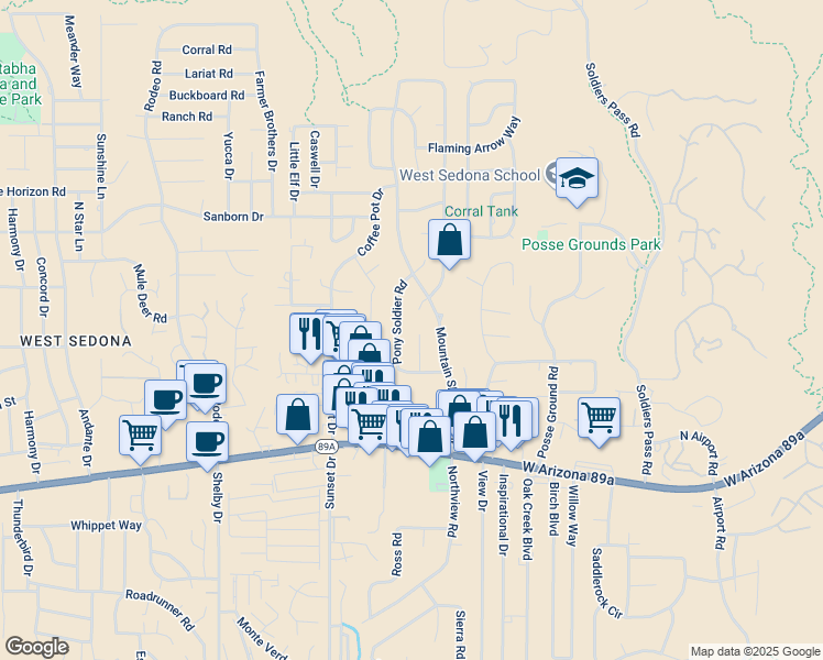 map of restaurants, bars, coffee shops, grocery stores, and more near 90 Johnny Guitar Circle in Sedona