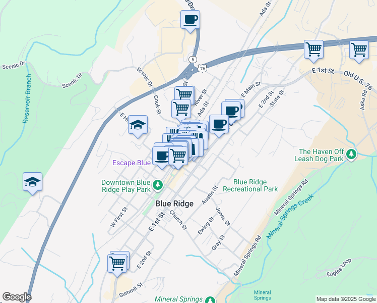 map of restaurants, bars, coffee shops, grocery stores, and more near 531 East Main Street in Blue Ridge