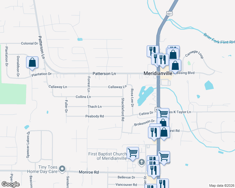 map of restaurants, bars, coffee shops, grocery stores, and more near 217 Collins Lane in Meridianville