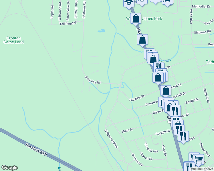 map of restaurants, bars, coffee shops, grocery stores, and more near 103 Gray Fox Road in Havelock