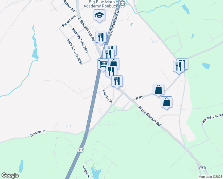 map of restaurants, bars, coffee shops, grocery stores, and more near 60 Happy Lane in Roebuck
