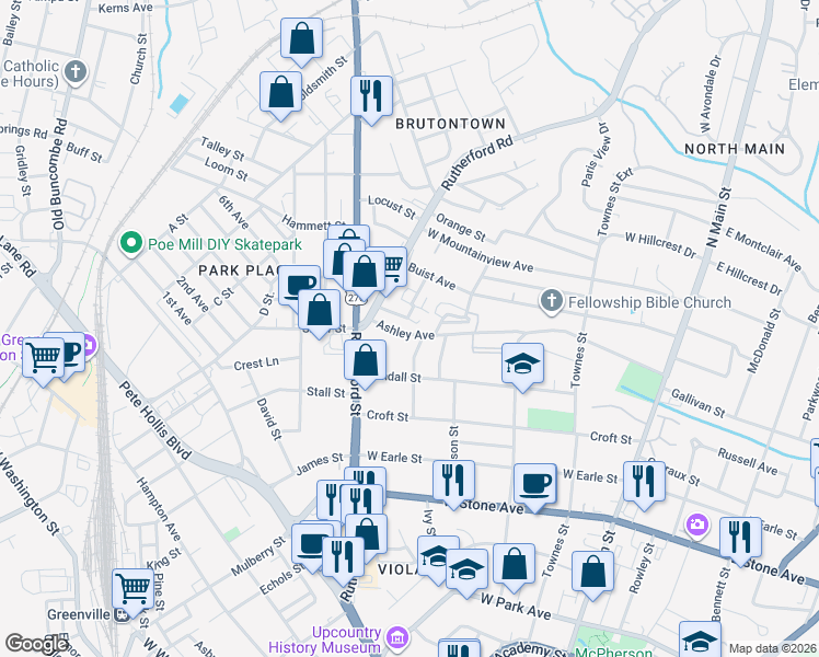 map of restaurants, bars, coffee shops, grocery stores, and more near 408 Ashley Avenue in Greenville