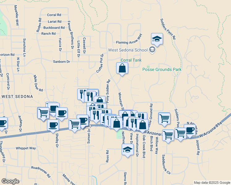 map of restaurants, bars, coffee shops, grocery stores, and more near 90 Johnny Guitar Circle in Sedona