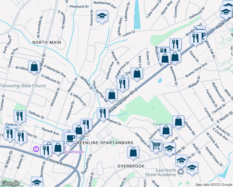 map of restaurants, bars, coffee shops, grocery stores, and more near 15 Wellington Avenue in Greenville