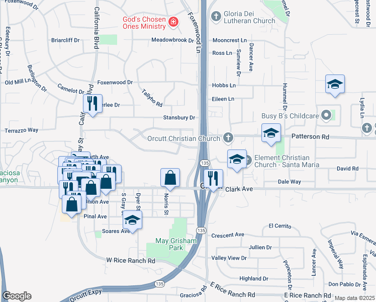 map of restaurants, bars, coffee shops, grocery stores, and more near 174 Wilson Drive in Santa Maria