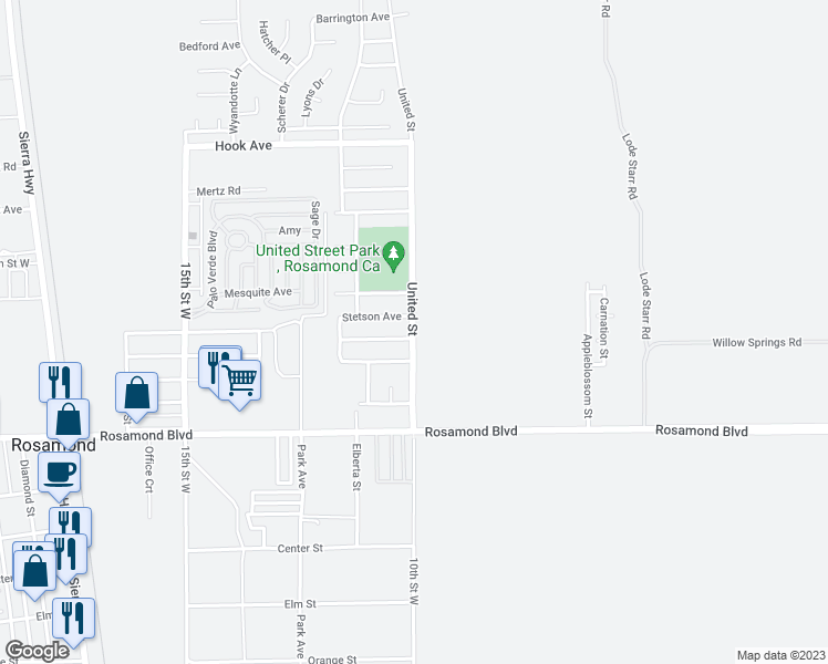 map of restaurants, bars, coffee shops, grocery stores, and more near 1001 Fairwind Avenue in Rosamond