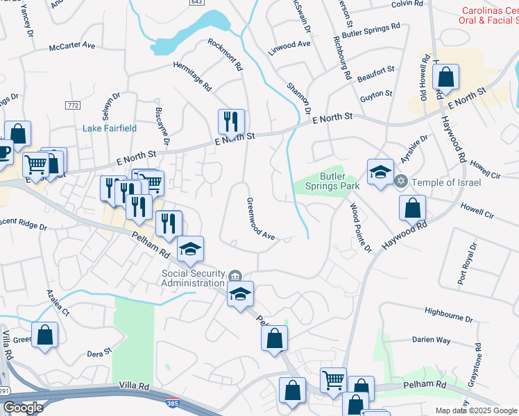 map of restaurants, bars, coffee shops, grocery stores, and more near 11 Greenwood Avenue in Greenville