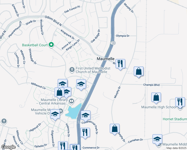 map of restaurants, bars, coffee shops, grocery stores, and more near 200 Pine Forest Drive in Maumelle