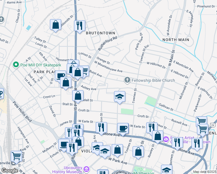 map of restaurants, bars, coffee shops, grocery stores, and more near 218 Ashley Avenue in Greenville