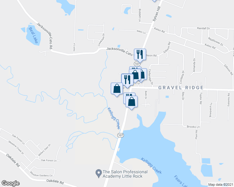 map of restaurants, bars, coffee shops, grocery stores, and more near 14403 Arkansas 107 in Jacksonville
