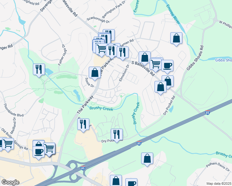 map of restaurants, bars, coffee shops, grocery stores, and more near 1025 Sweet Juliet Way in Greer