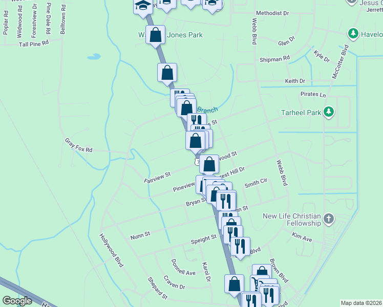 map of restaurants, bars, coffee shops, grocery stores, and more near 702 East Main Street in Havelock