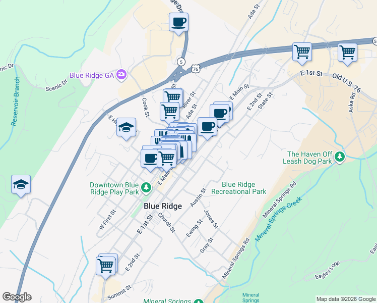 map of restaurants, bars, coffee shops, grocery stores, and more near 531 East Main Street in Blue Ridge